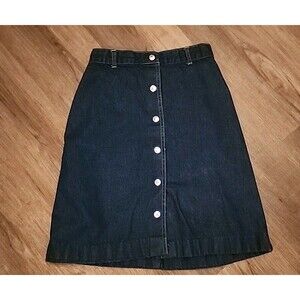 Vintage Women's Dark Blue Denim Skirt 4/5 Knee Length Button Up